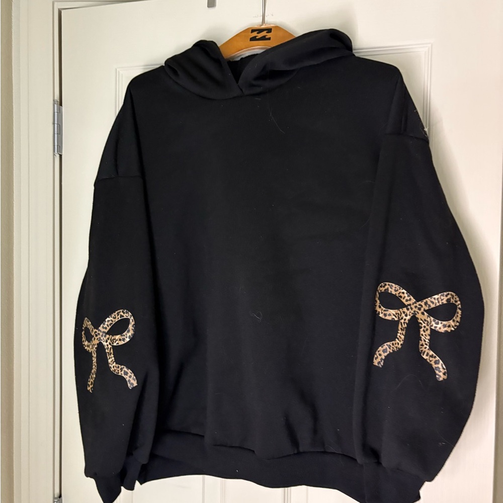 SET: Black Hoodie and pant with Leopard Bow Accents